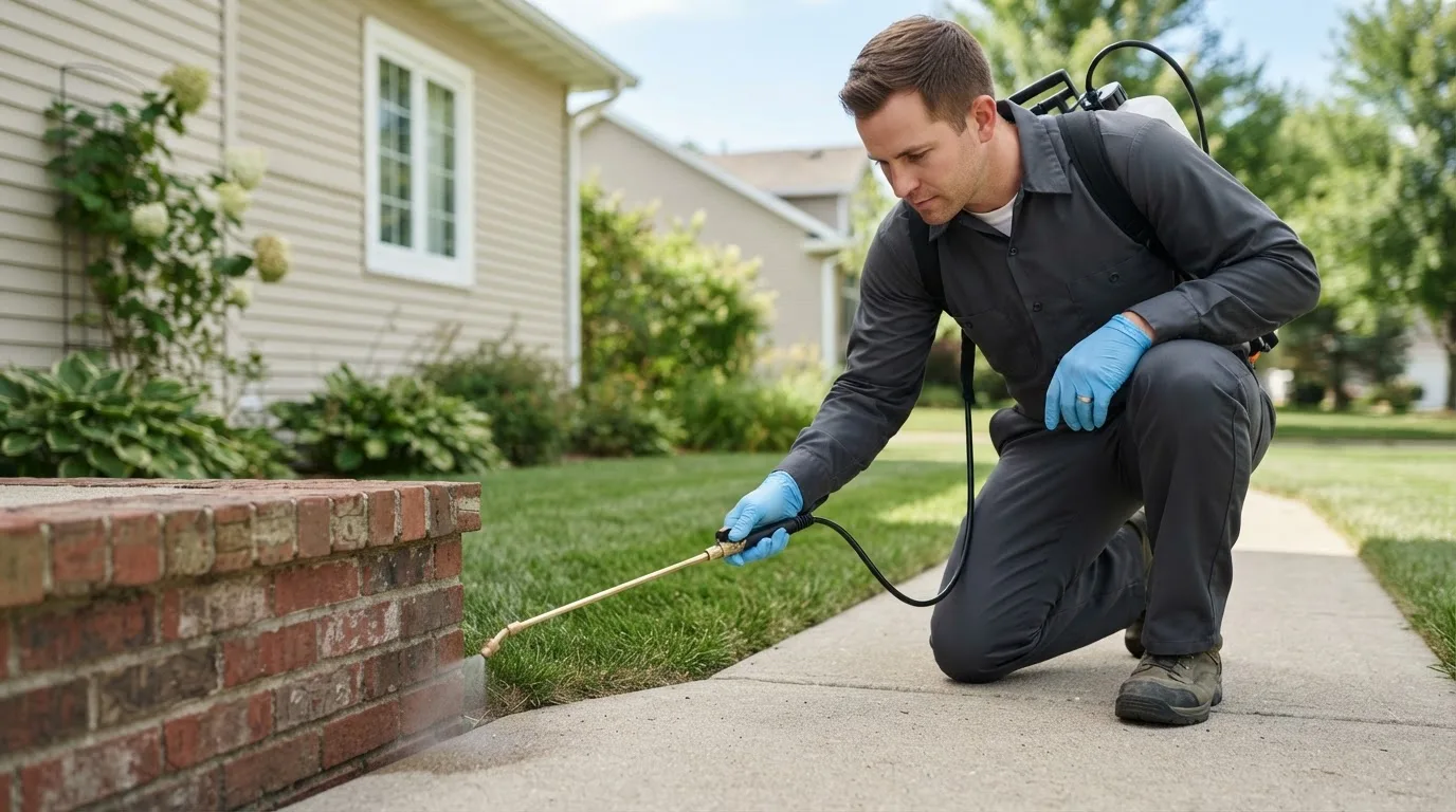 Pest control technician treating a home near Booth, AL